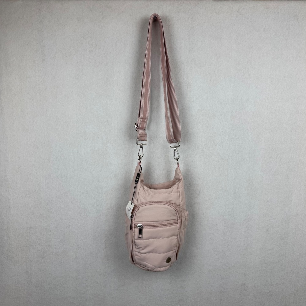 Telena Puffer Water Bottle Crossbody Bag Pink Quilted Nylon Hiking Travel NWT
